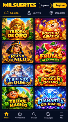Lobby de juegos en la pantalla de inicio de la aplicación Milsuertes