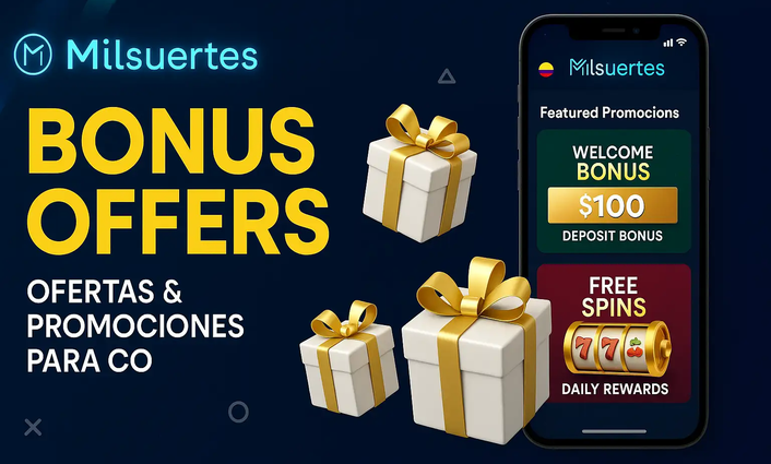 La página de promociones de Milsuertes en un teléfono, con cajas de regalo al lado